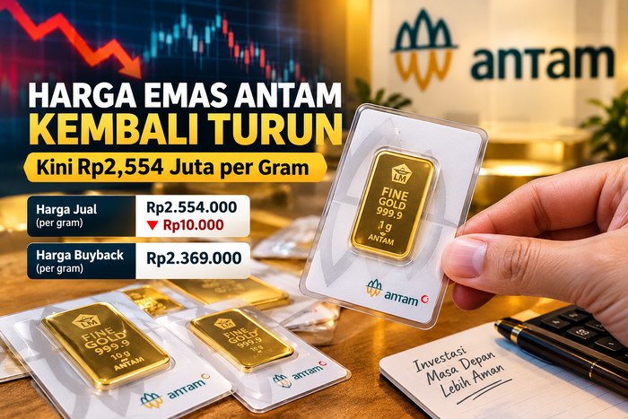 Harga emas Antam hari ini, Rabu 21 Oktober 2026, turun Rp10.000 menjadi Rp2.554.000 per gram, sedangkan harga buyback tercatat Rp2.369.000 per gram.