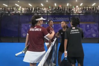 Novela Putria tampil bersama Beatrice Gumulya dalam semifinal women’s pairs Asian Games 2026 di Nagoya City Higashi Sports Center, Jumat (2/10/2026).