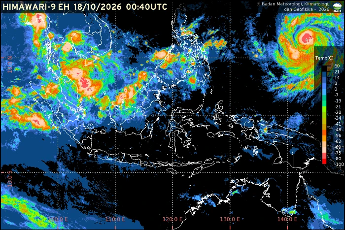 Prakiraan cuaca BMKG 18 Oktober 2026 untuk ibu kota provinsi di Indonesia, termasuk Jakarta, Bandung, Surabaya, Medan, Makassar, dan Jayapura.
