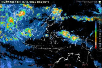 Prakiraan cuaca BMKG Selasa, 13 Oktober 2026, mencakup kondisi hujan ringan, hujan sedang, hujan petir, berawan, berkabut, dan udara kabur di berbagai ibu kota provinsi Indonesia.