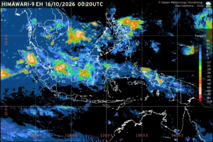 Prakiraan cuaca BMKG Jumat, 16 Oktober 2026, mencakup 38 ibu kota provinsi di Indonesia, termasuk potensi hujan sedang di Tanjung Selor dan Sorong serta petir di Bengkulu.