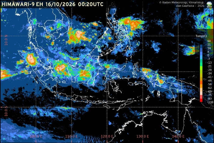 Prakiraan cuaca BMKG Jumat, 16 Oktober 2026, mencakup 38 ibu kota provinsi di Indonesia, termasuk potensi hujan sedang di Tanjung Selor dan Sorong serta petir di Bengkulu.