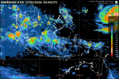 BMKG memprakirakan cuaca 38 ibu kota provinsi di Indonesia pada 17 Oktober 2026, mulai dari hujan ringan, hujan petir, berawan, hingga udara kabur dan berkabut.