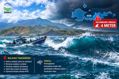 BMKG memperingatkan gelombang laut setinggi 2,5–4 meter di sejumlah perairan NTB, termasuk selatan Lombok, selatan Sumbawa, Selat Alas, dan Samudra Hindia selatan NTB.